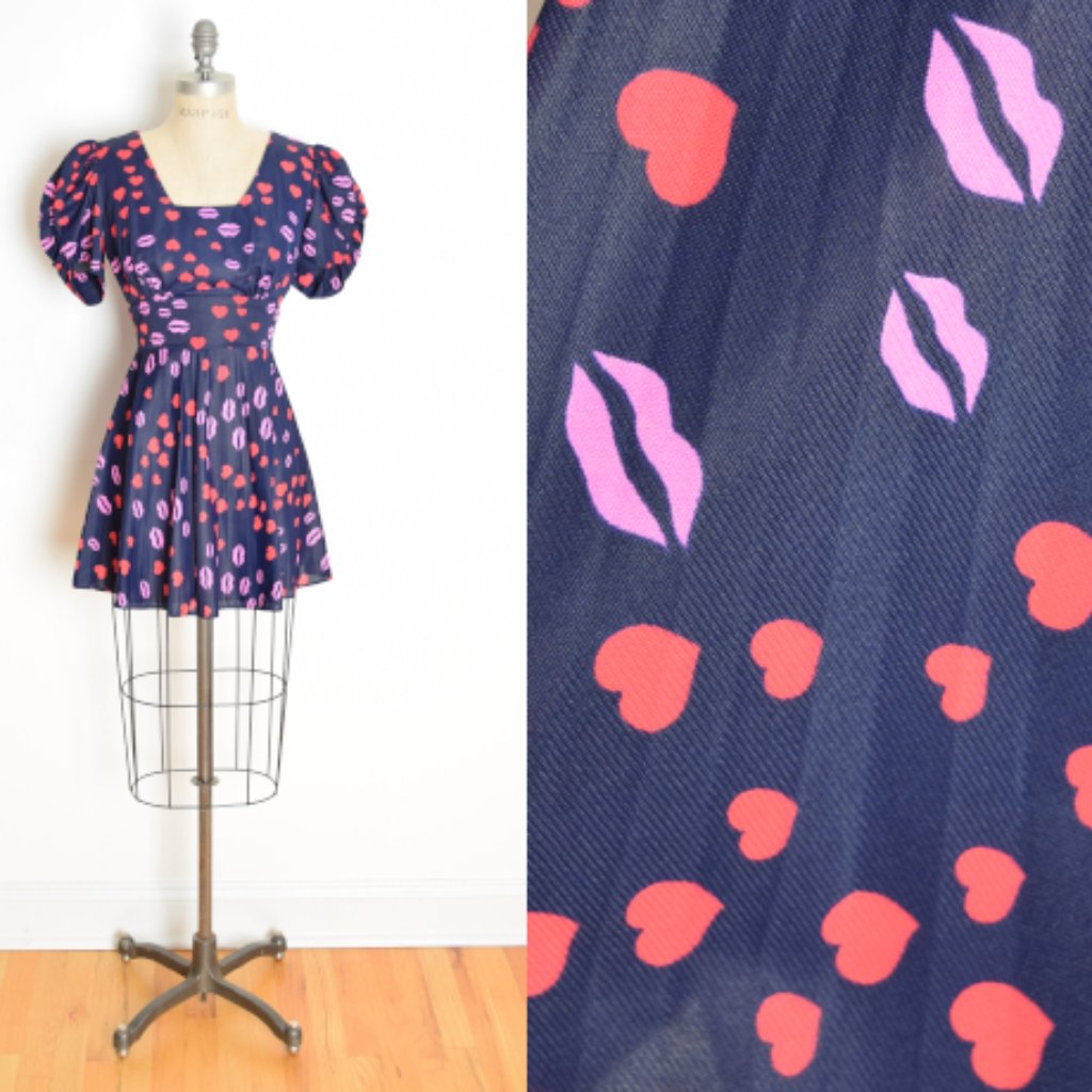 Vintage 70s Mini Dress Navy Pleated Hearts & Kisses Print Puff Kinderwhore Xs
